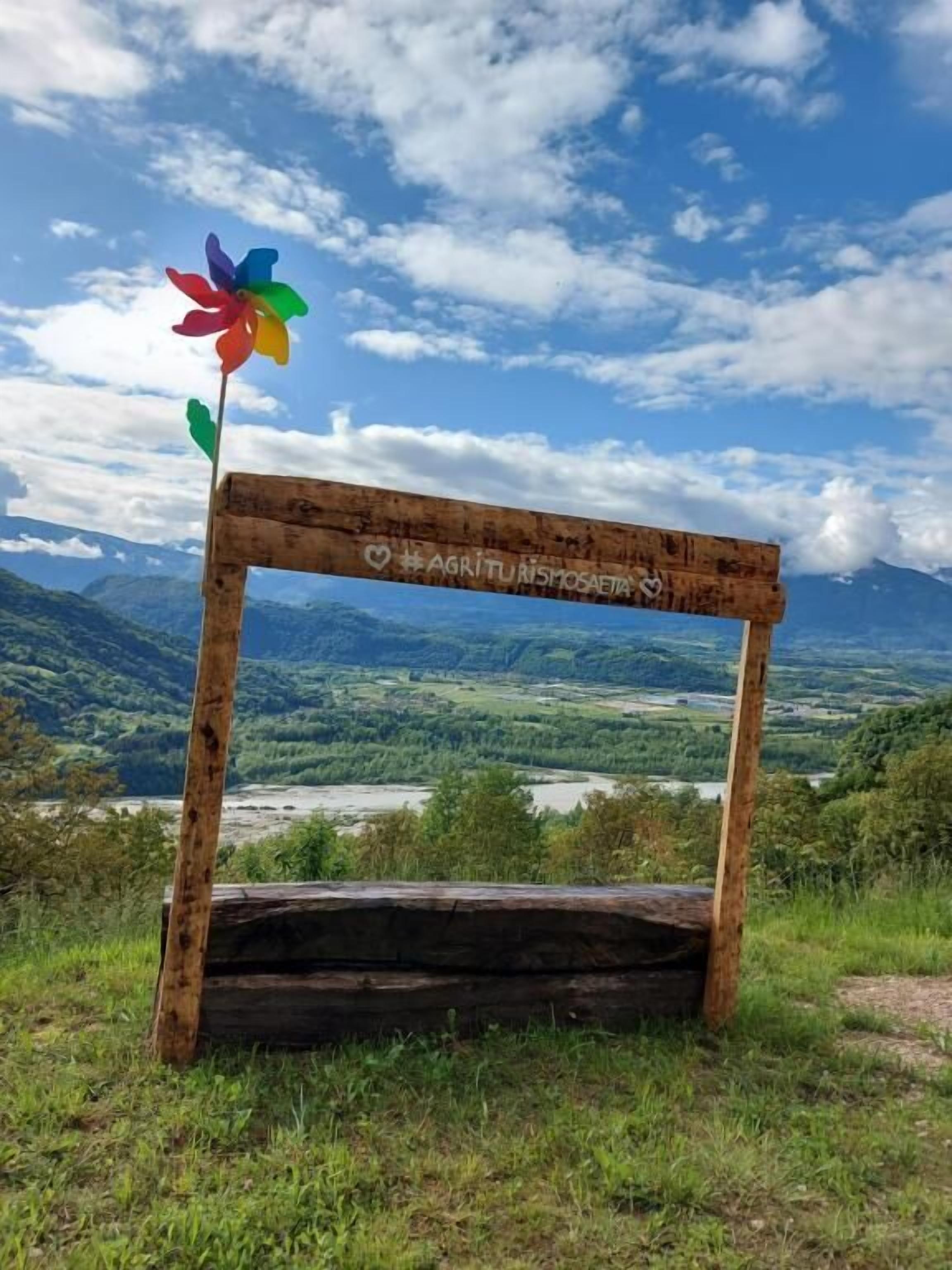 Una estructura de madera con un adorno de molinete, frente a un paisaje montañoso.