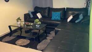 Uma sala de estar com um sofá de couro preto, uma mesa de centro de vidro e um abajur pendente.