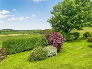 A well-maintained garden with a variety of shrubs and a large tree.