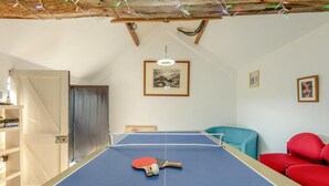 Ein Tischtennistisch in einem Raum mit schrägem Dach, einem gerahmten Bild an der Wand und einer Tür.