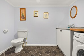A bathroom with a toilet, a washing machine, and a mirror. - 2 Bed in Gunnerside (oc-g37866) (Gunnerside)