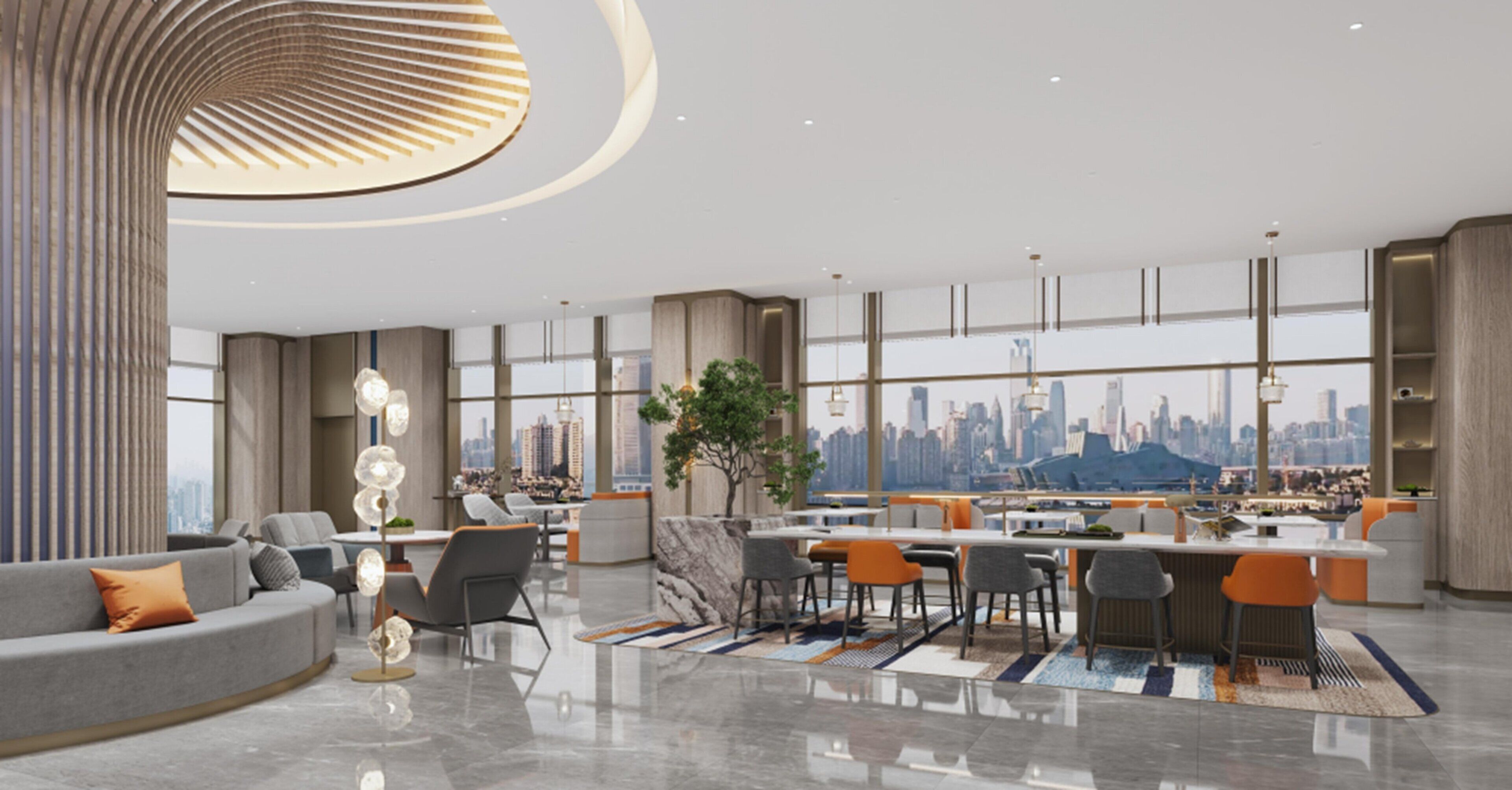 Ein modernes Interieur mit gewölbter Decke, Blick auf die Stadt, einem Essbereich und einer Lounge.