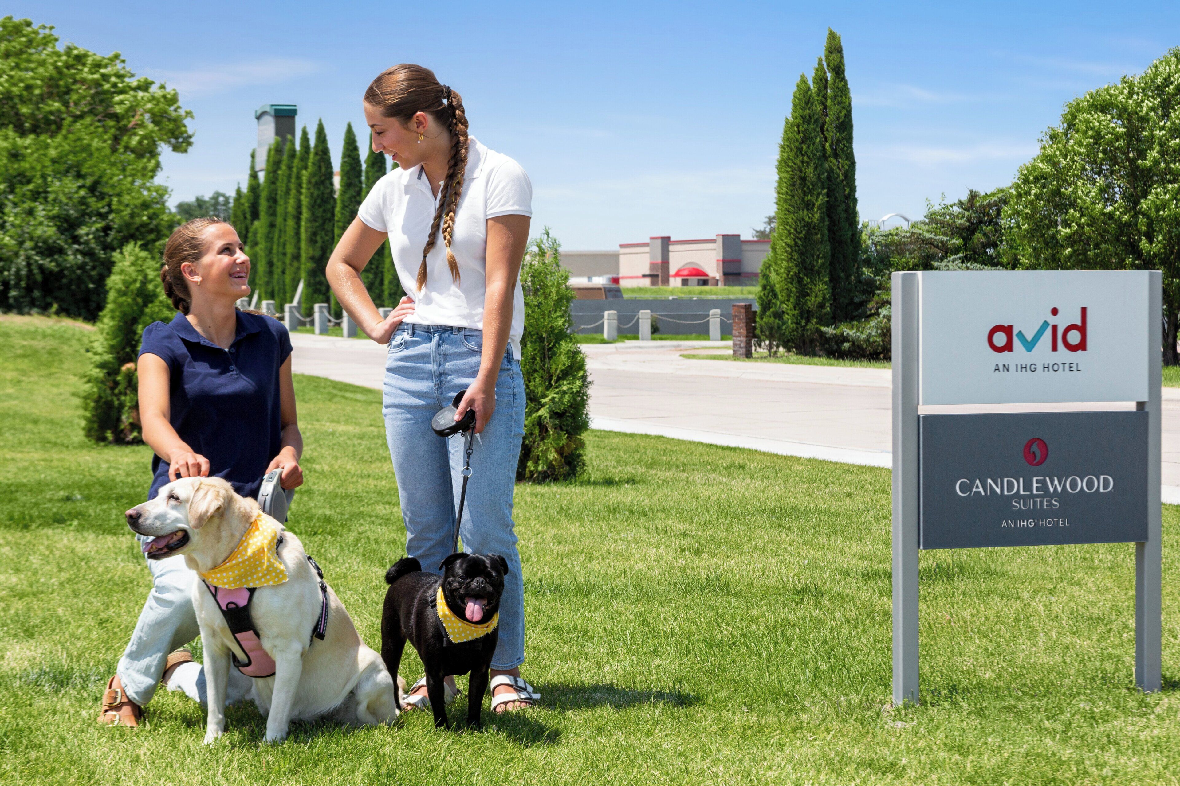 A grassy area with a sign for Avid An IHG Hotel, indicating the location of Candlewood Suites.