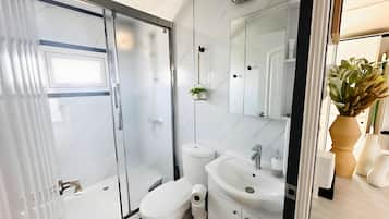 Shower, towels, soap, toilet paper