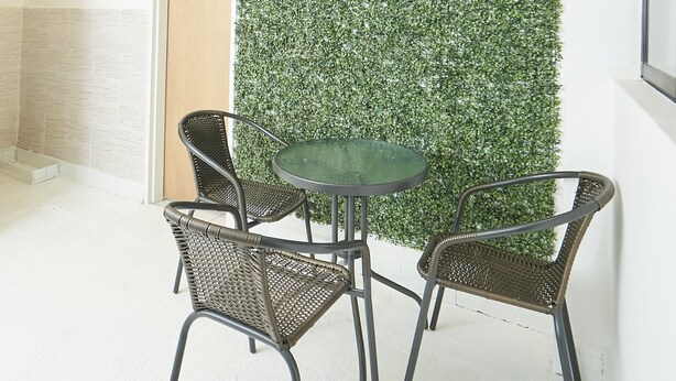 Una habitación con una planta de hojas verdes colgando del techo, una mesa redonda con sillas y una pared cubierta de follaje verde.