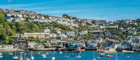 Une ville côtière dotée d’un port rempli de bateaux, de maisons construites sur une colline et d’un ciel bleu dégagé.