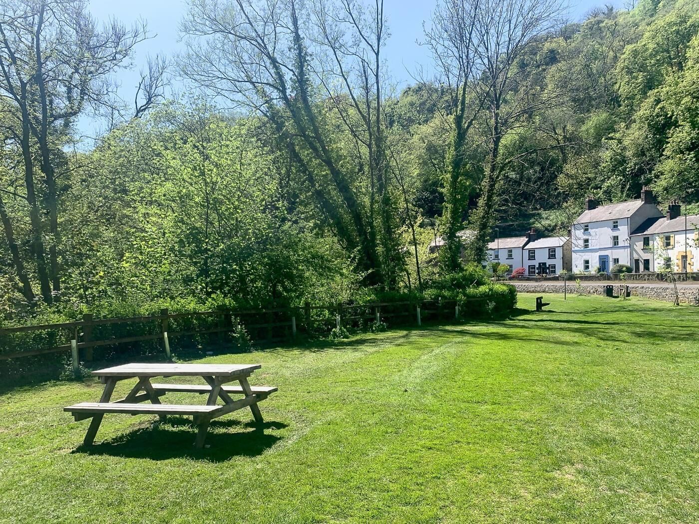 A picnic table in a grassy area with houses in the background.