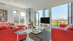 Un salon moderne avec des canapés rouges, un téléviseur à écran plat, une cheminée et de grandes fenêtres.