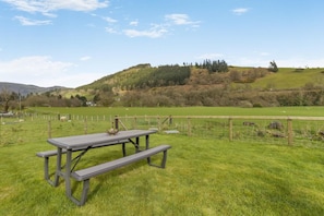 Ein Picknicktisch in einer grünen Wiese mit Blick auf Hügel und Bäume im Hintergrund.