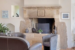 A living room with a stone fireplace, a television, and a potted plant.