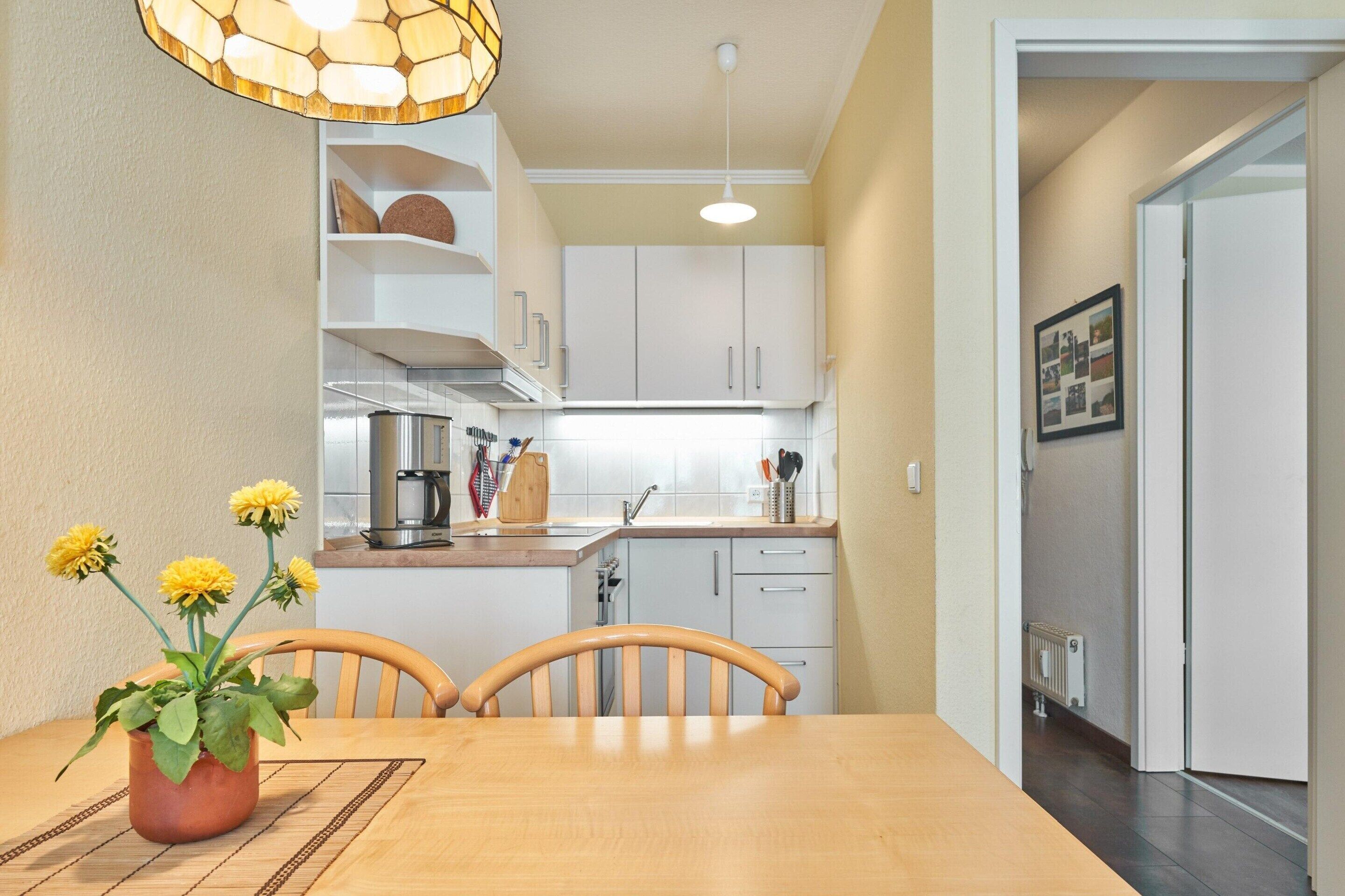 A dining table with chairs, a potted plant, a kitchen area with cabinets, a hanging light fixture, and a door leading to another room.