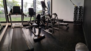 A gym with cardio machines, weight equipment, and a view of greenery outside.