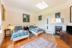 A bedroom with two beds, a fireplace, a TV, and a skylight.
