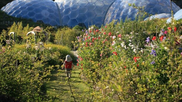 A garden with three large geodesic domes and a child walking on a path. - 2 Bed in Notter (oc-k39063) (Notter)