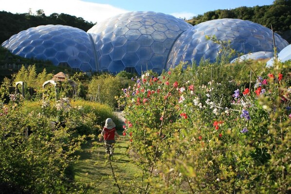 A garden with three large geodesic domes and a child walking on a path. - 2 Bed in Notter (oc-k39063) (Notter)