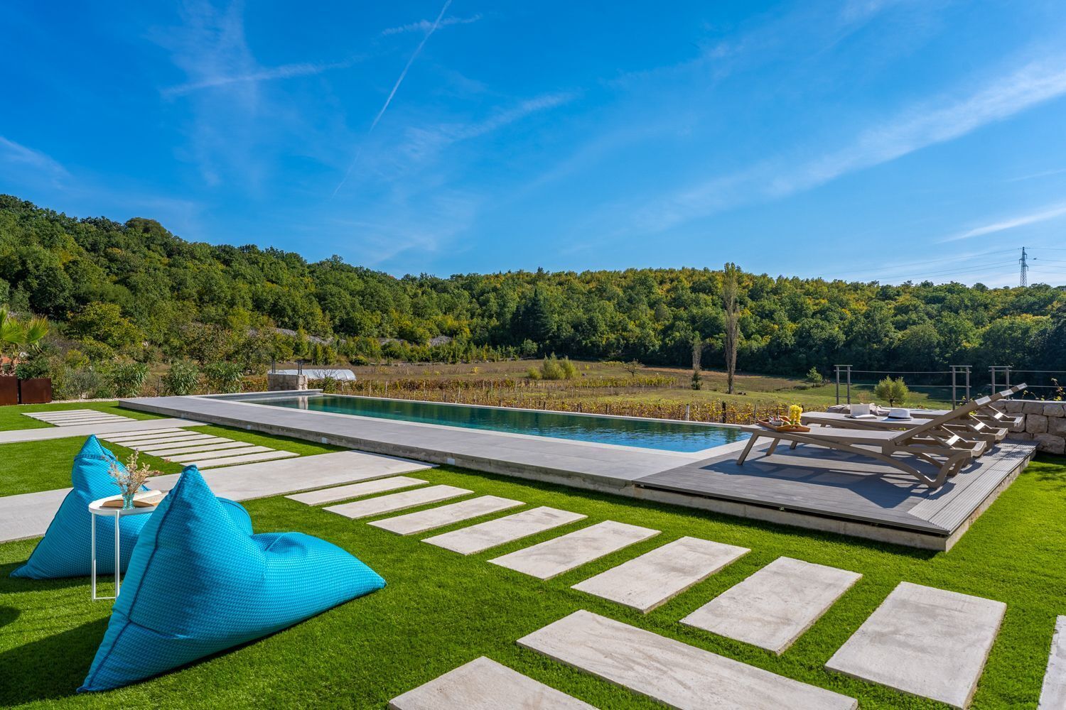Une piscine dotée d’une terrasse, entourée de pelouse verdoyante et de dalles de pierre, avec une colline boisée en arrière-plan.