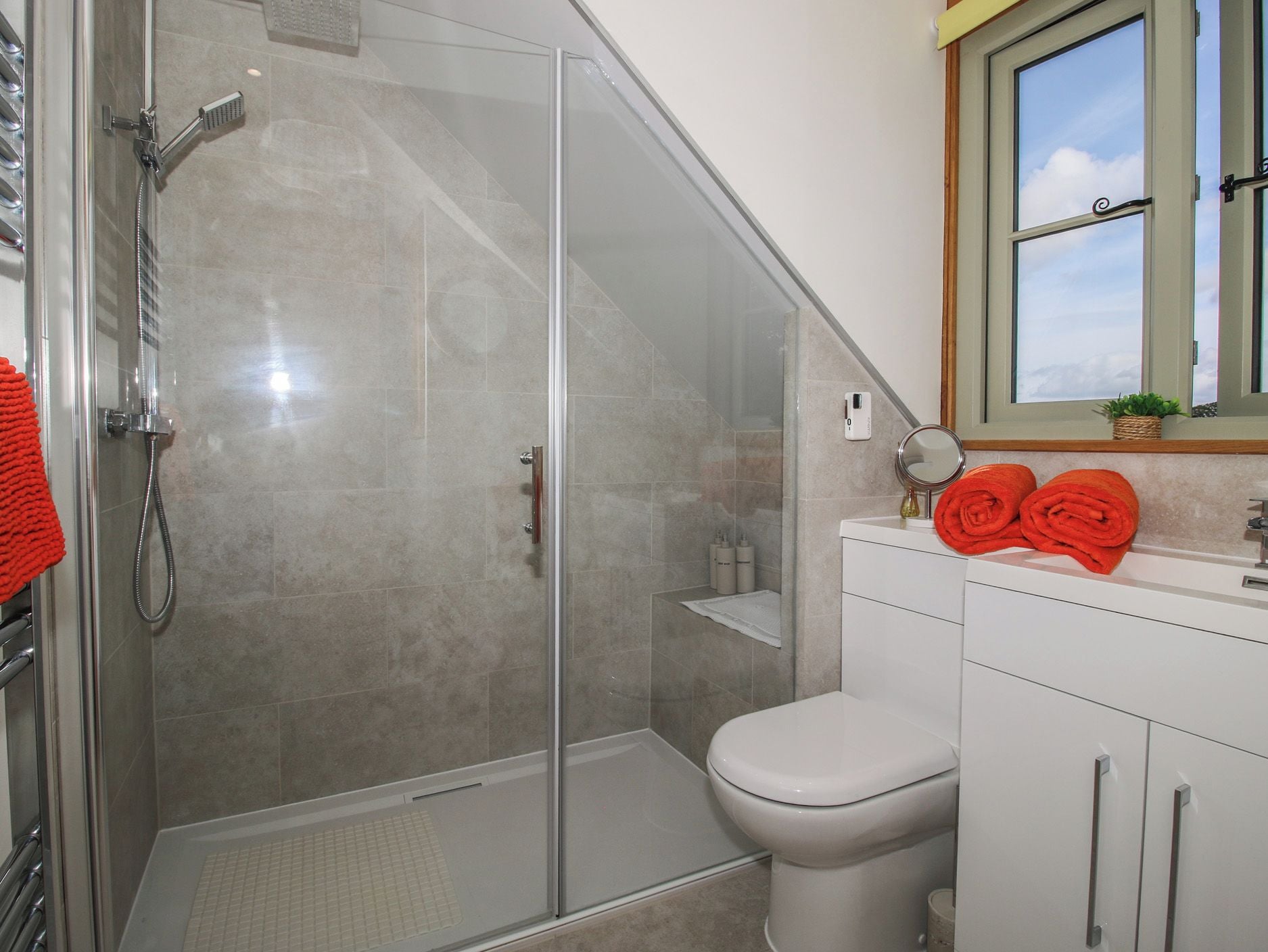 Un baño con ducha de vidrio, inodoro blanco y lavamanos con espejo.