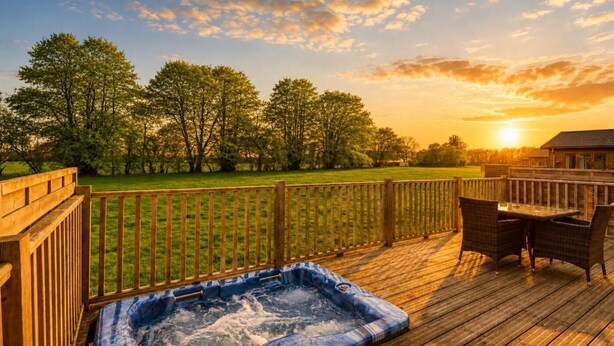 A wooden deck with a hot tub, outdoor furniture, and a view of a grassy field and trees at sunset. - 1 Bed in Athelington (oc-r35078) (Athelington)