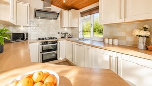 A modern kitchen with white cabinets, stainless steel appliances, a wooden ceiling, and a window with a view of greenery. - 2 Bed in Athelington (oc-h35081) (Athelington)