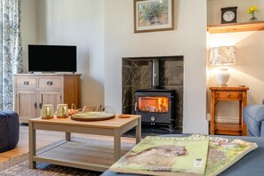 A living room with a fireplace, a television, a table with decorative items, and a magazine. - 2 Bed in Ampleforth (oc-c37505) (Ampleforth)