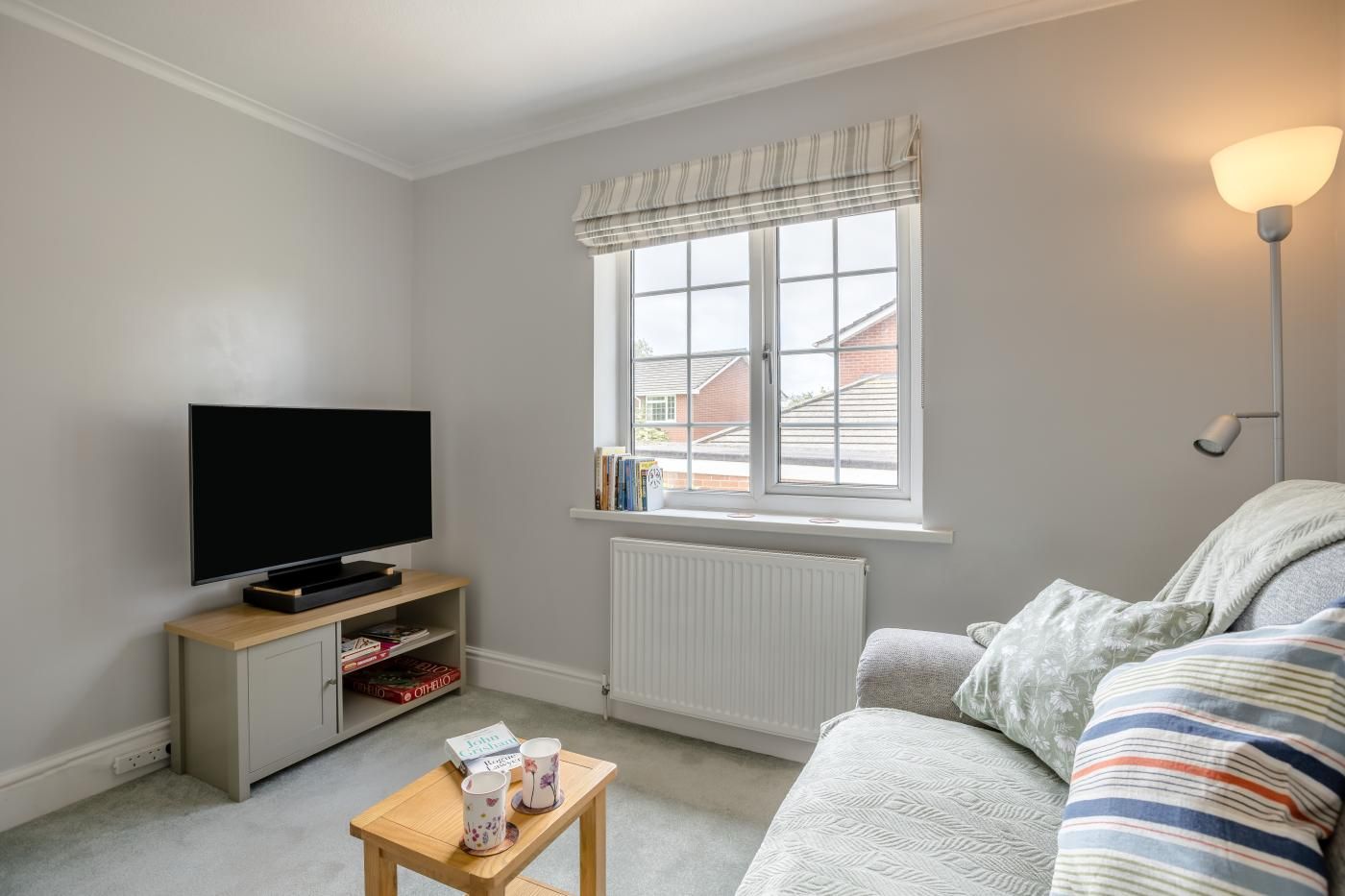 Ein Wohnzimmer mit Fernseher, Heizkörper, Fenster mit Blick, Lampe und Sofa.