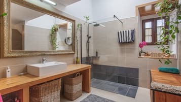 Shower, hair dryer, towels
