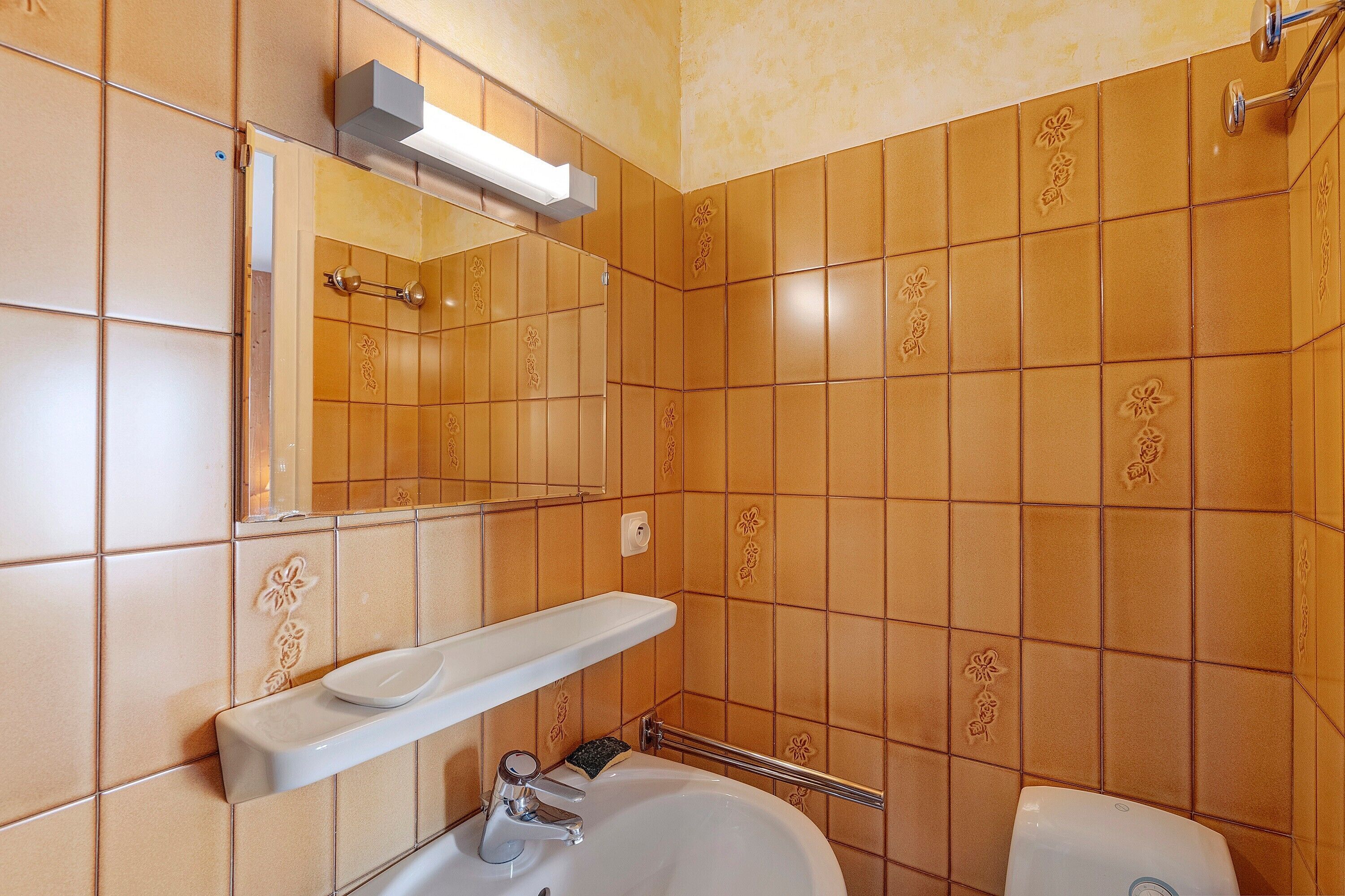 Ein Badezimmer mit Waschbecken, Spiegel und Duschbereich.