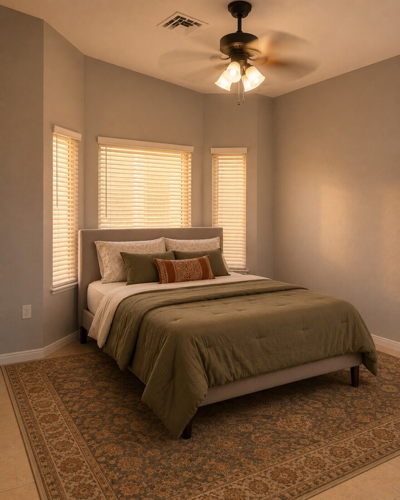 A bedroom with a bed, a ceiling fan, and three windows with blinds.