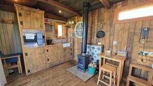 Une cuisine rustique avec des murs en bois, un poêle, un évier et une radio.