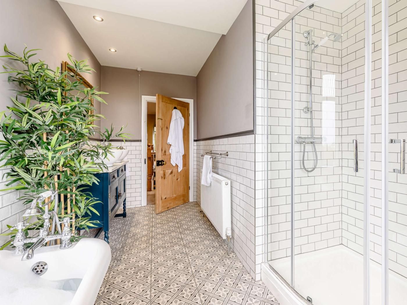A modern bathroom with a shower, a sink, and a potted plant.