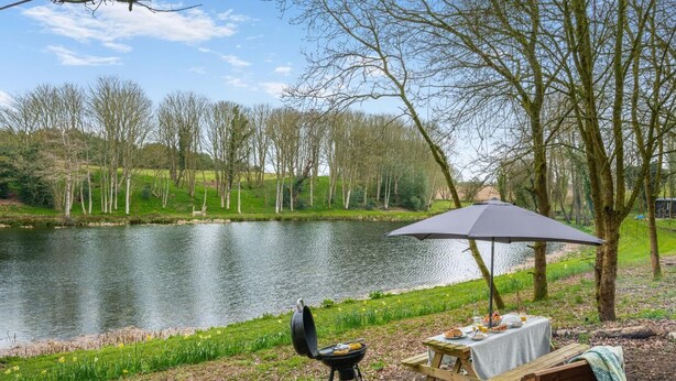 A lakeside picnic setup with a grill, umbrella, and dining table. - 1 Bed in Edgefield (oc-c39014) (Edgefield)