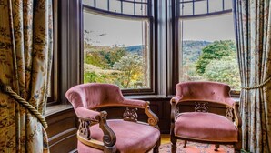 Una habitación con dos sillones decorados, una alfombra estampada y vistas a un paisaje montañoso a través de amplios ventanales.