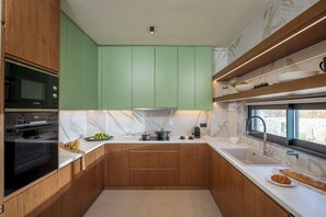 Eine kompakte Küche mit Mikrowelle, Backofen, grünen Schränken, Marmorarbeitsplatte und einem Fenster mit Blick.
