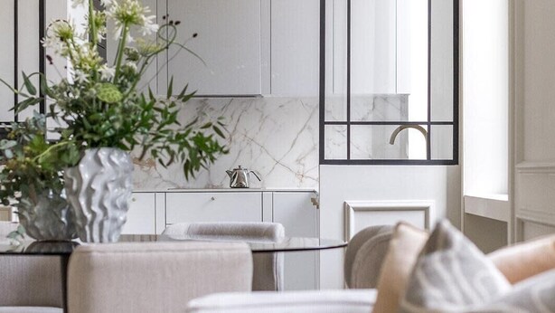 Un salon moderne avec un canapé, des coussins décoratifs, un vase de fleurs et une cuisine en arrière-plan.