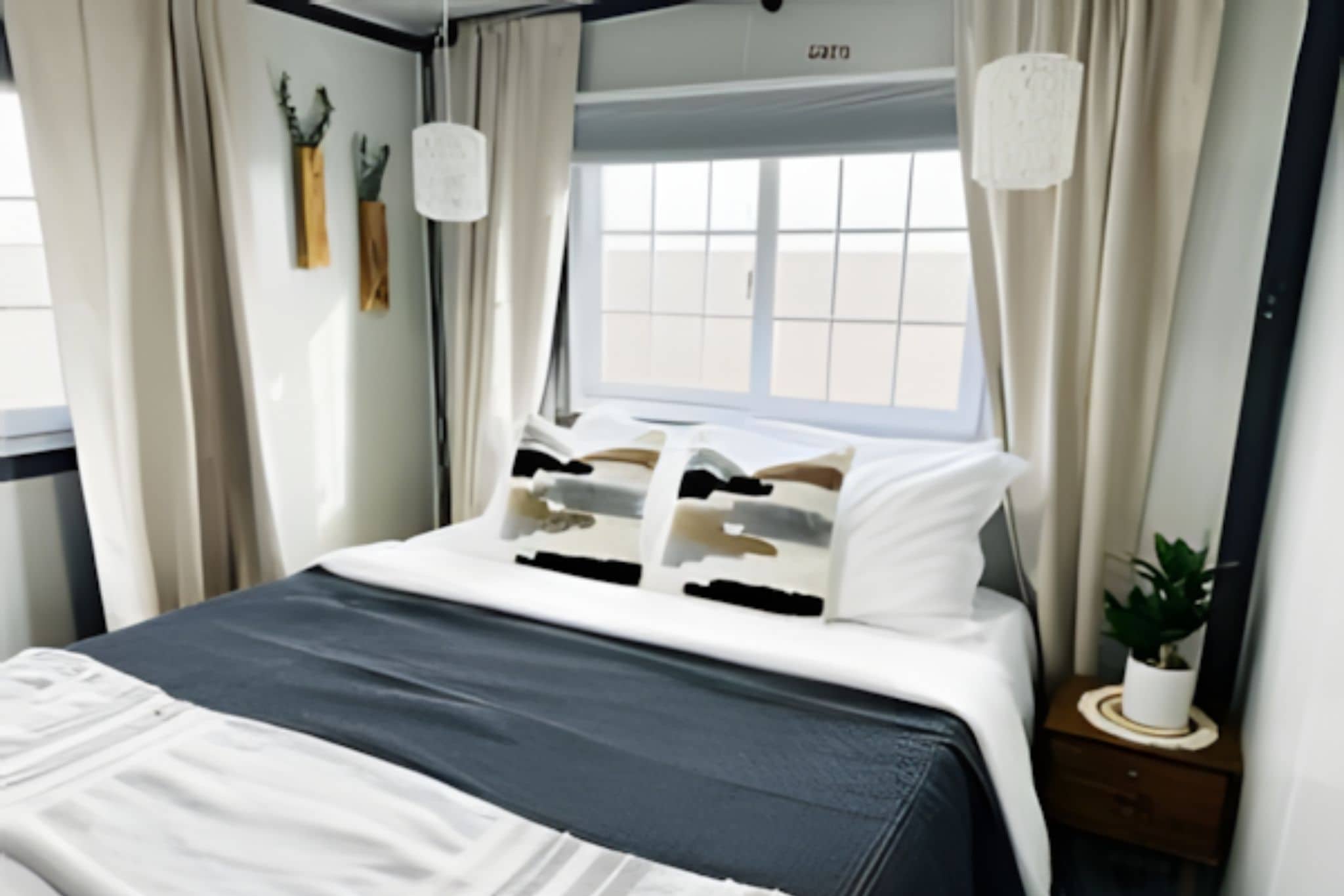 A neatly made bed with a dark-colored bedspread and multiple pillows. There is a small bedside table with a plant on it. The room has a window with curtains and a view of the outside.