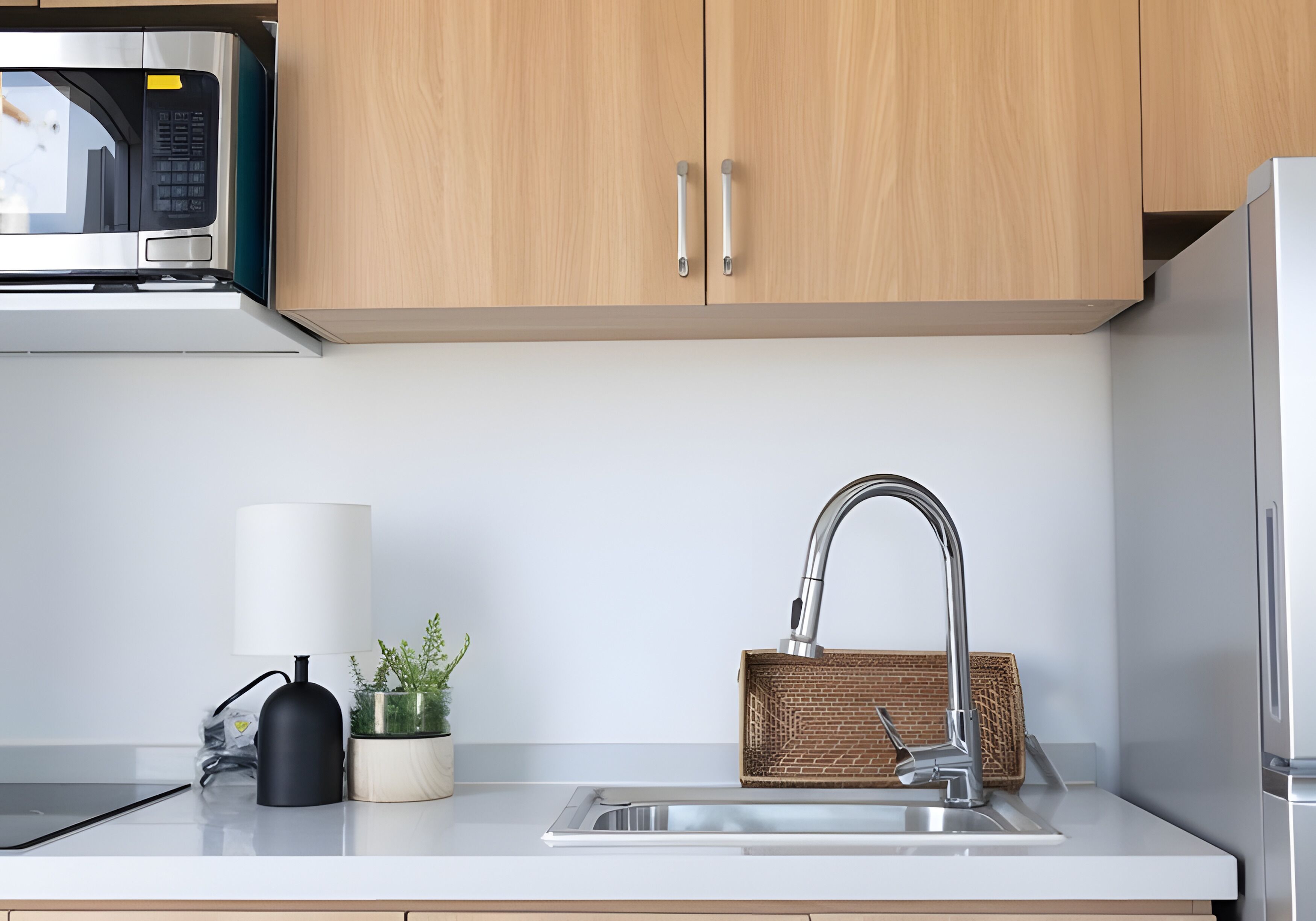 A kitchen with wooden cabinets, a stainless steel sink, a microwave, a potted plant, a lamp, and a basket.
