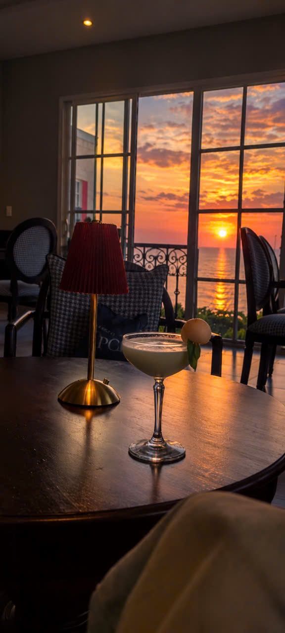 A table with a drink and a lamp, a window with a sunset view, and a chair.