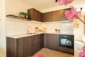 A kitchen with wooden cabinets, a built-in oven, and a countertop. - Detached Beautiful Holiday Home in Julianadorp (Julianadorp)