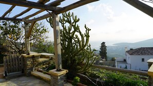 Una estructura de pérgola de madera con un cactus y un limonero, escalones de piedra y vistas a un pueblo y montañas.