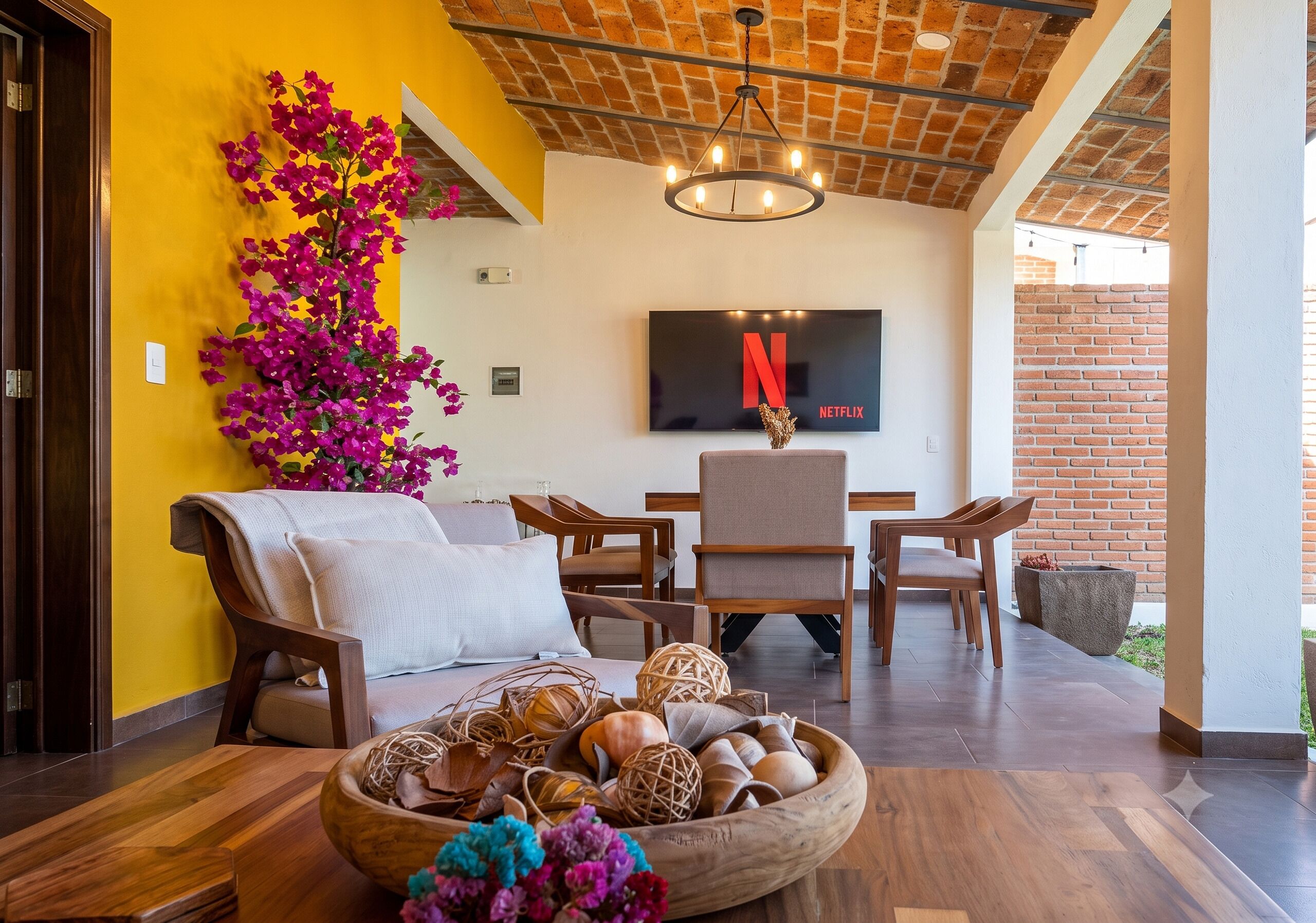 Un espace de vie moderne comprenant un canapé, des fauteuils, une table basse en bois et un téléviseur affichant le logo de Netflix.