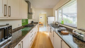 Eine moderne Küche mit Kochinsel, Edelstahlgeräten und Blick ins Freie durch große Fenster.