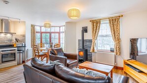 Ein modernes Wohnzimmer mit Sofa, Esstisch, Fernseher, Kamin und Küchenzeile.