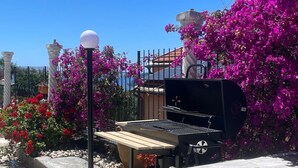 A barbecue grill outdoors with a stone bench, surrounded by vibrant pink bougainvillea flowers and a clear blue sky. - Casa Lily 2: A Cozy Apartment with a View. (DIANO CASTELLO)