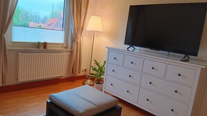 A room with a window, radiator, TV on a cabinet, and a small plant.