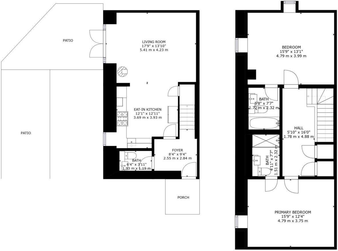 A floor plan with a living room, eat-in kitchen, foyer, bath, and patio.