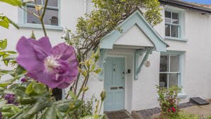 Un bâtiment blanc avec une porte et des fenêtres bleu clair, entouré de verdure et de fleurs.