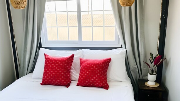 Una cama con ropa de cama blanca y dos almohadas rojas, una mesita de noche con una planta y una ventana con cortinas.