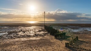 Eine Küstenlandschaft mit blauem Himmel, sandigem Strand und einer Konstruktion mit senkrechten Pfosten.