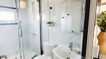 Shower, towels, soap, toilet paper