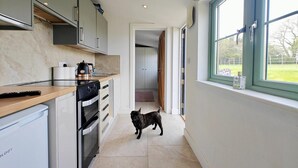 Une cuisine avec un chien, une fenêtre et une porte qui donne sur une autre pièce.